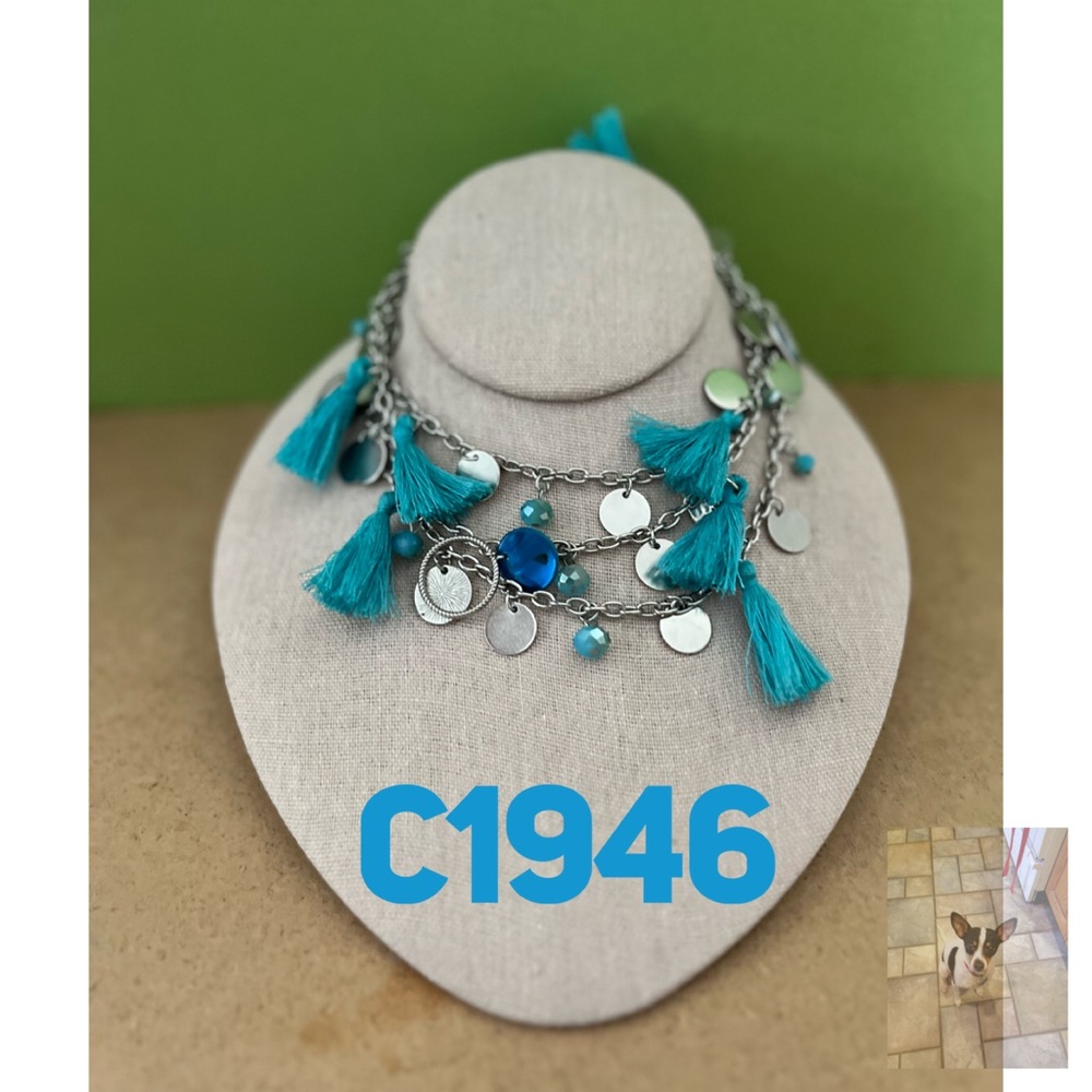C1946 Silver Tone and Teal Tassel Long Necklace